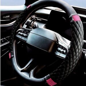 Black and Pink Rhinestone Quilted Steering Wheel Cover